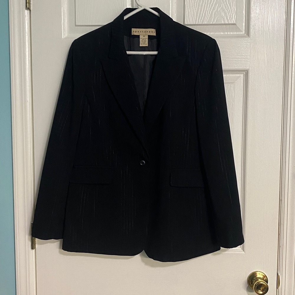 Apostrophe black blazer with silver pinstripe single button front fully lined